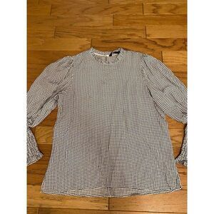 Zara Women's Black & White Houndstooth ruched Long-Sleeve Blouse size small